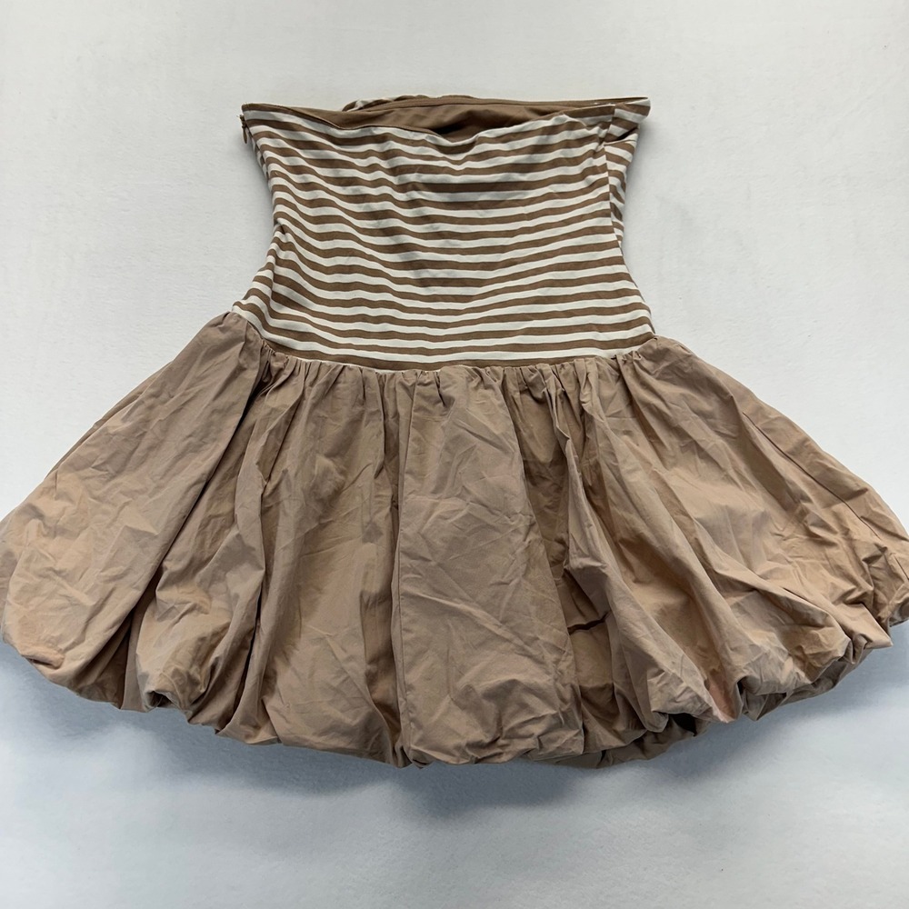 Indie Luxe Mini Dress Women Tan White Striped Strapless Bubble Hem Drop Waist - Picture 3 of 6
